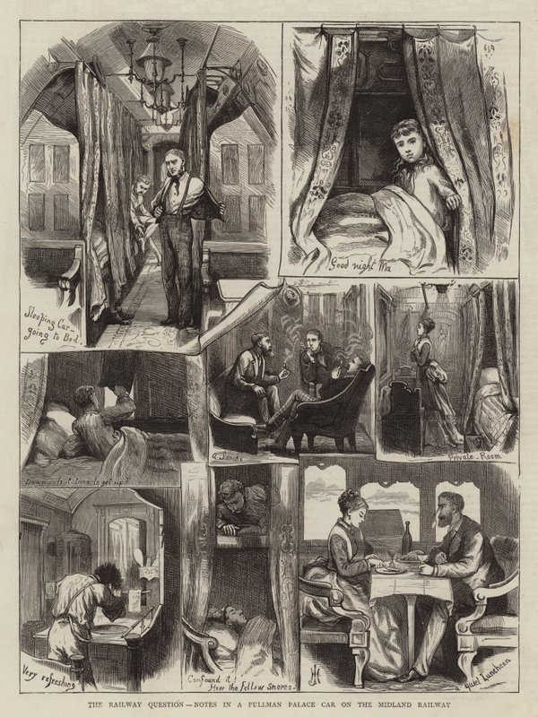 Järnvägsfrågan, anteckningar i en Pullman Palace Car på Midland Railway (gravyr) av English School
