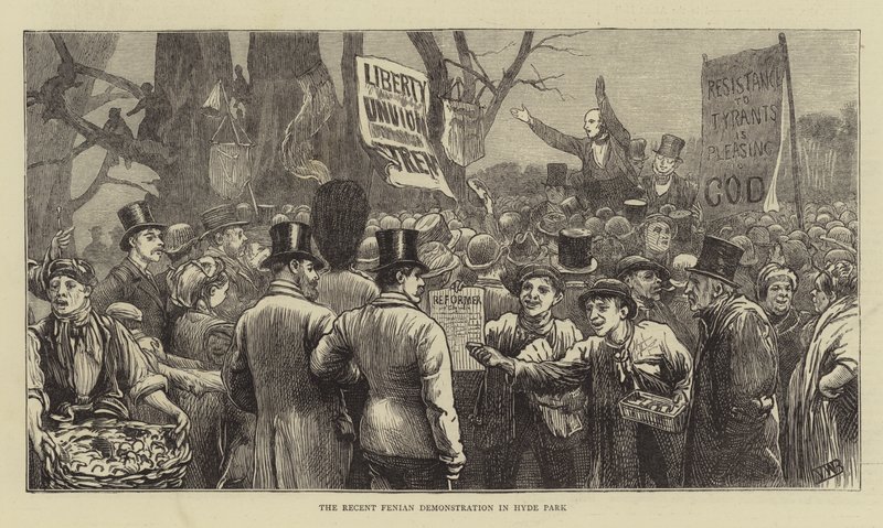 Den senaste Fenian-demonstrationen i Hyde Park (gravyr) av English School