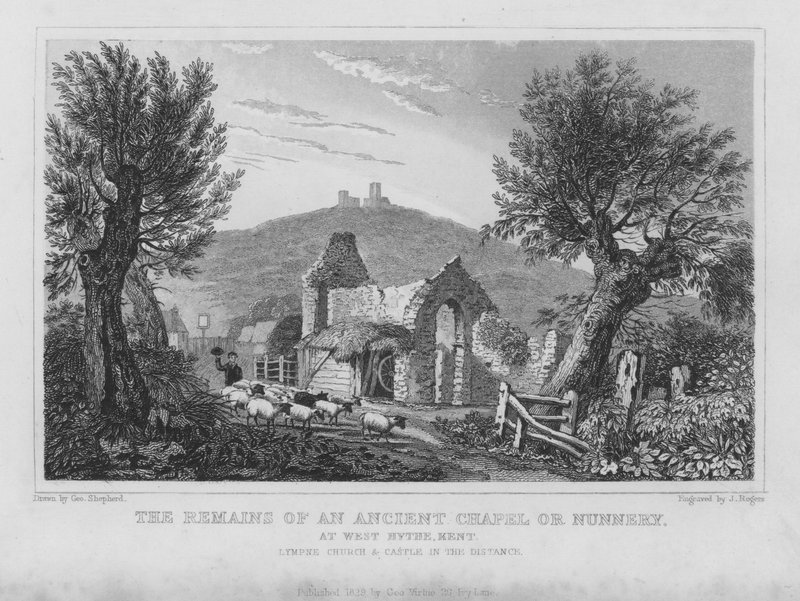Resterna av ett gammalt kapell eller kloster i West Hythe, Kent (gravyr) av English School