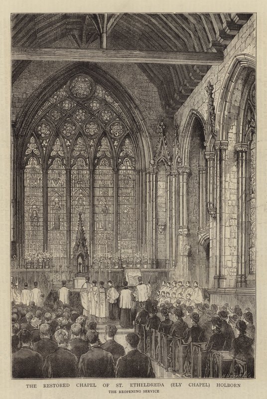 Det restaurerade kapellet för St Etheldreda (Ely Chapel) Holborn (gravyr) av English School