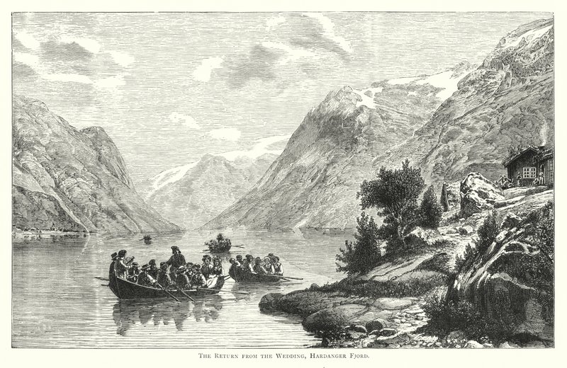 Återkomsten från bröllopet, Hardangerfjorden (gravyr) av English School