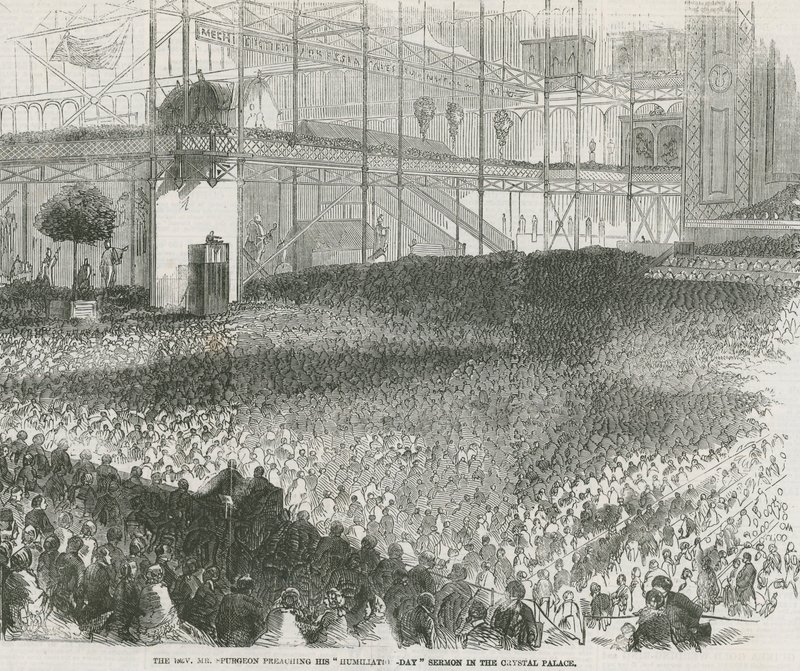 Pastor Charles Haddon Spurgeon predikar sin förnedringsdagspredikan i Crystal Palace av English School