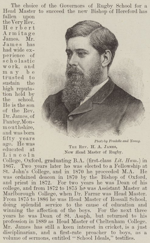 Reverend H A James, ny huvudmästare i Rugby (gravyr) av English School