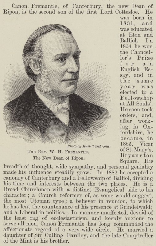 Pastor W H Fremantle, den nye dekanusen i Ripon (gravyr) av English School