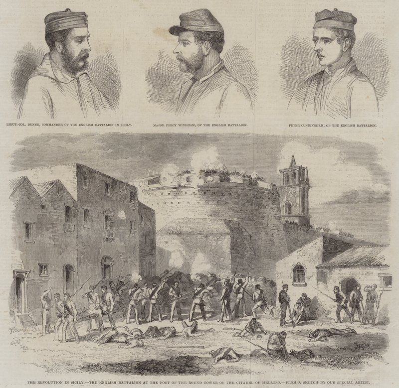 Revolutionen på Sicilien, den engelska bataljonen vid foten av det runda tornet på citadellet i Melazzo (gravyr) av English School