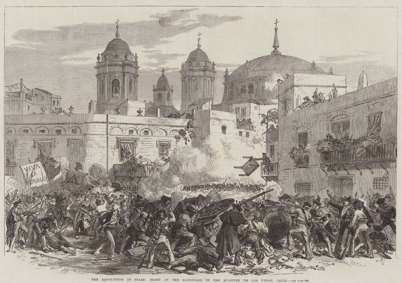 Revolutionen i Spanien, slåss vid barrikaden i Quarter de Los Vinas, Cadiz (gravyr) av English School