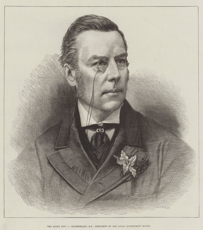 Den högra ärade J Chamberlain, MP, ordförande för kommunstyrelsen (gravyr) av English School