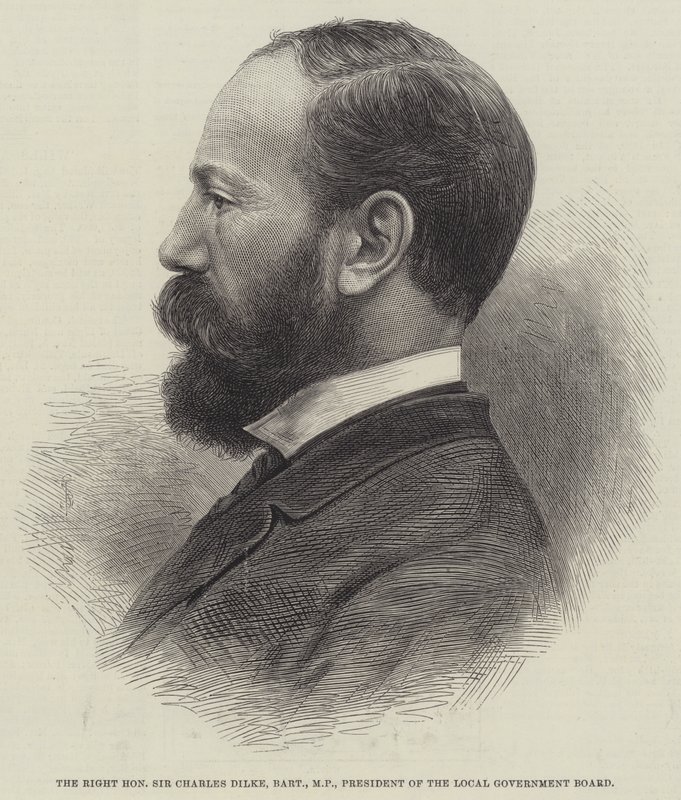 Rätten ärade Sir Charles Dilke, Baronet, MP, ordförande för den lokala styrelsen (gravyr) av English School