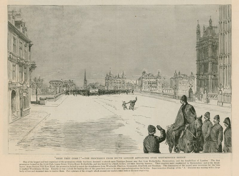 The Riot in Trafalgar Square: Here they Come - processionen från södra London som avancerar över Westminster Bridge av English School