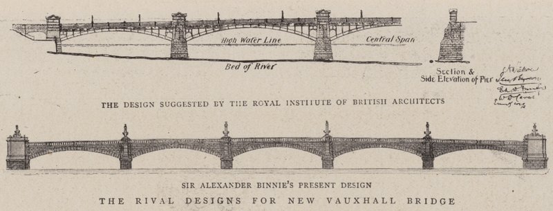 De rivaliserande designerna för New Vauxhall Bridge (gravyr) av English School