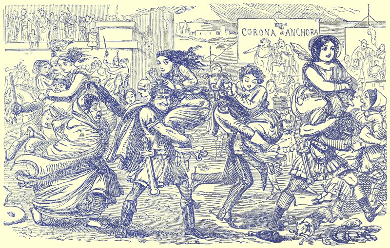 The Romans Walking off with the Sabine Women, illustration från The Comic History of Rome av Gilbert Abbott a Beckett, publicerad ca 1850 (digitalt förbättrad bild) av English School