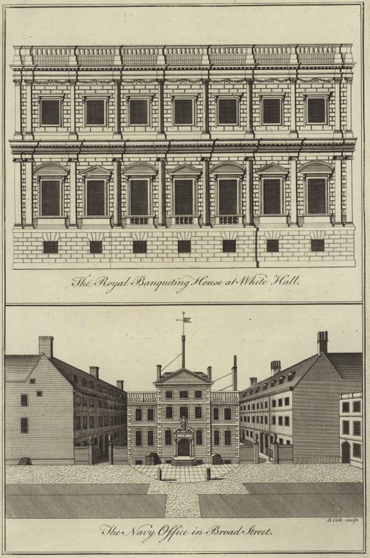 Royal Banqueting House i Whitehall och Navy Office i Broad Street, London av English School