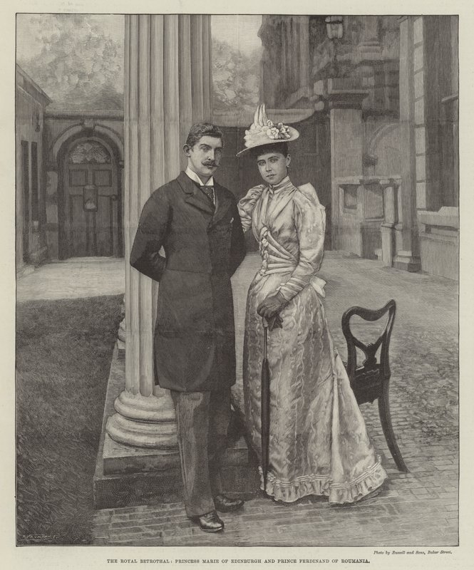 Den kungliga trolovningen, prinsessan Marie av Edinburgh och prins Ferdinand av Rumänien (gravyr) av English School