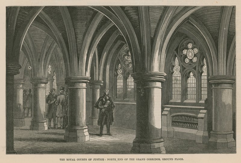 The Royal Courts of Justice: Norra änden av Grand Corridor, bottenvåningen av English School