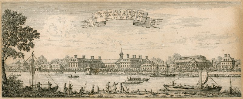 Royal Hospital i Chelsea och Rotundan i Ranelagh Gardens från en gammal bild av English School