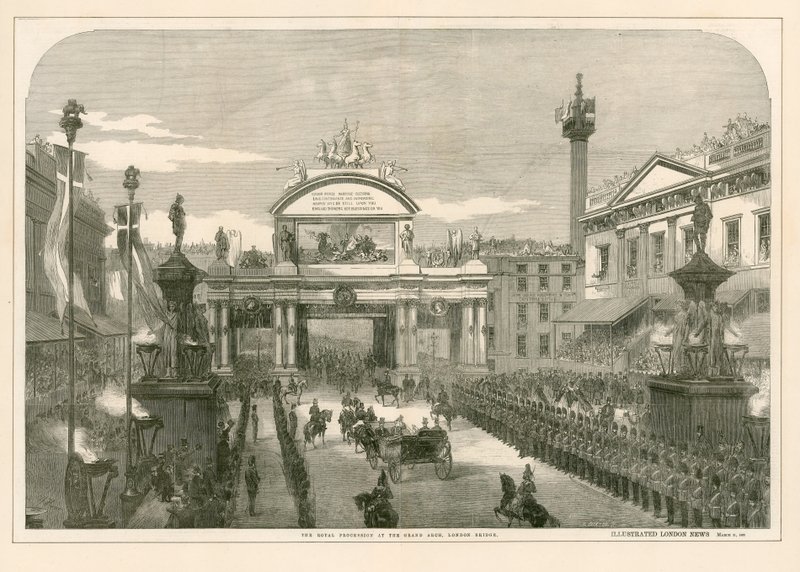 Den kungliga processionen vid Grand Arch, London Bridge av English School