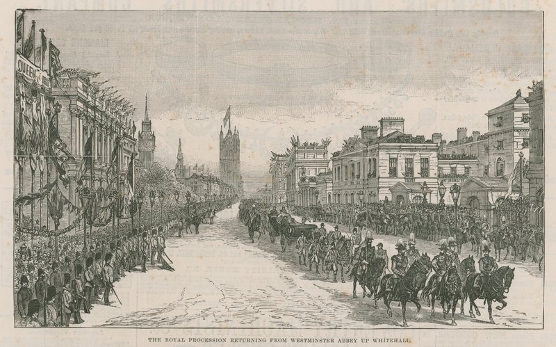 Den kungliga processionen återvänder från Westminster Abbey uppför Whitehall av English School