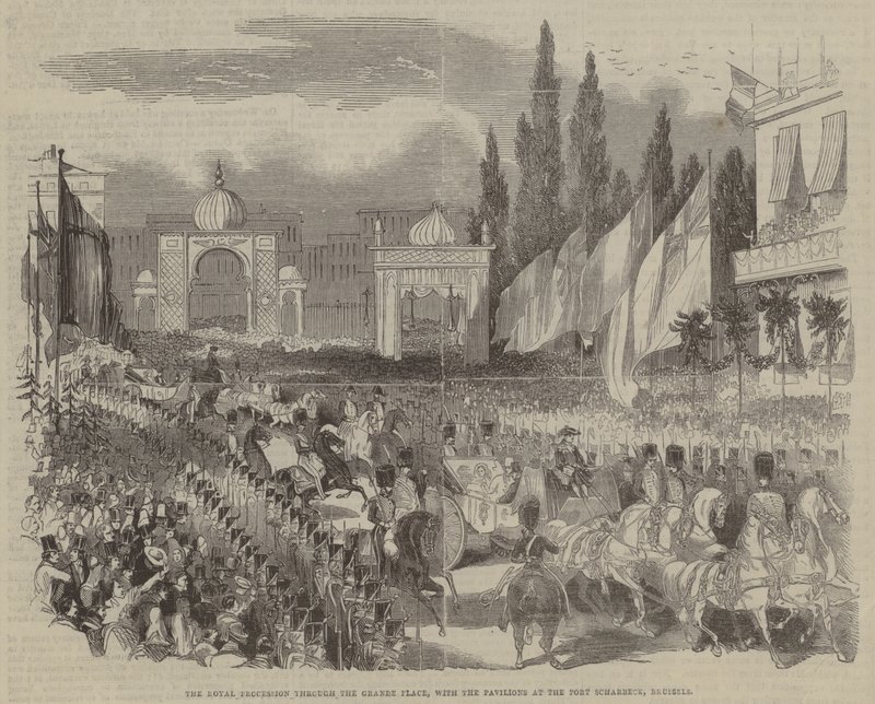 Den kungliga processionen genom Grande Place, med paviljongerna vid Port Scharbeck, Bryssel av English School