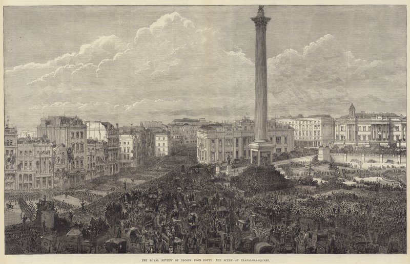 Den kungliga recensionen av trupper från Egypten, scenen vid Trafalgar-Square (gravyr) av English School