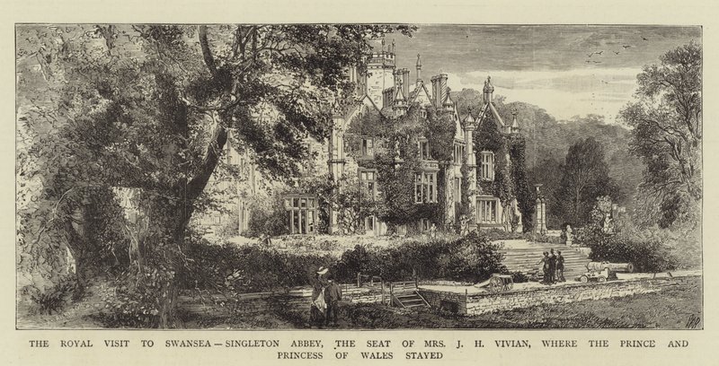 Det kungliga besöket i Swansea, Singleton Abbey, säte för Mrs J H Vivian, där prinsen och prinsessan av Wales bodde (gravyr) av English School