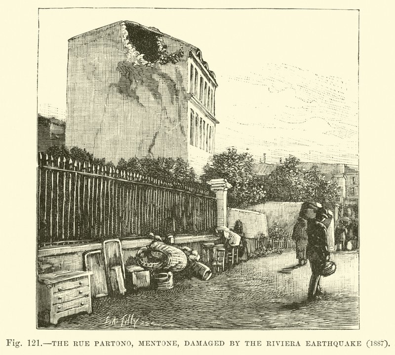 Rue Partono, Mentone, skadad av jordbävningen på Rivieran, 1887 av English School