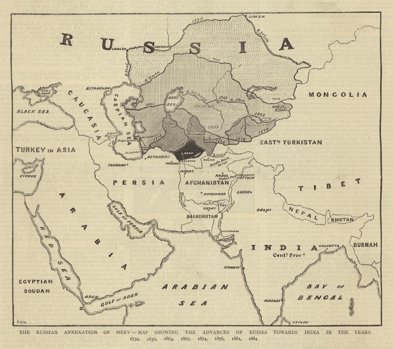 Den ryska annekteringen av Merv, karta som visar Rysslands framsteg mot Indien under åren 1734, 1836, 1863, 1867, 1874, 1876, 1881, 1884 av English School