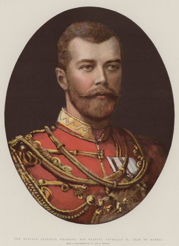 Det ryska kejserliga bröllopet, Hans Majestät Nikolaus II, tsar av Ryssland (färg litho) av English School