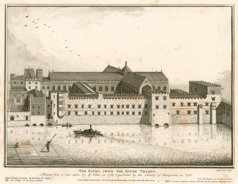 The Savoy, London, från Themsen av English School