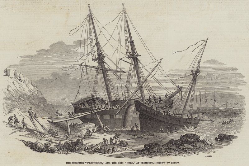 Schoonern "Providence" och briggen "Hero" i Plymouth (gravyr) av English School