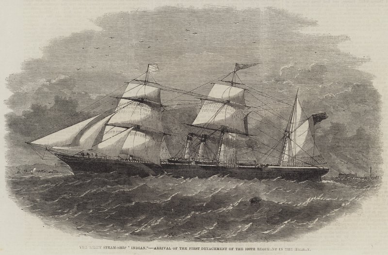Screw Steam-Ship "Indian", Ankomst av den första avdelningen av 100:e regementet i Mersey (gravyr) av English School