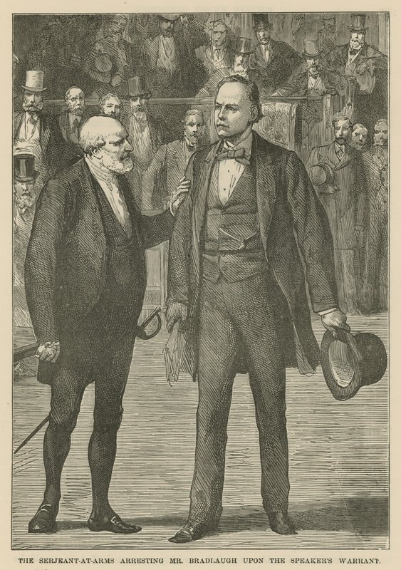 Sergeant-at-arms arresterar Mr Bradlaugh efter talmannens order av English School
