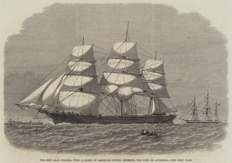 The Ship Glad Tidings, med en last av amerikansk bomull, anlöper hamnen i Liverpool (gravyr) av English School