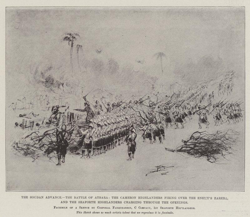 Soudan Advance, slaget vid Atbara, Cameron Highlanders som skjuter över fiendens Zareba och Seaforth Highlanders som anfaller genom öppningarna (litho) av English School