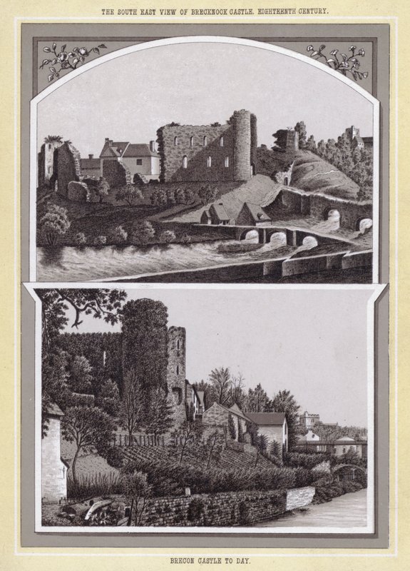 Den sydöstra utsikten över Brecknock Castle, artonde århundradet; Brecon Castle i dag (litho) av English School
