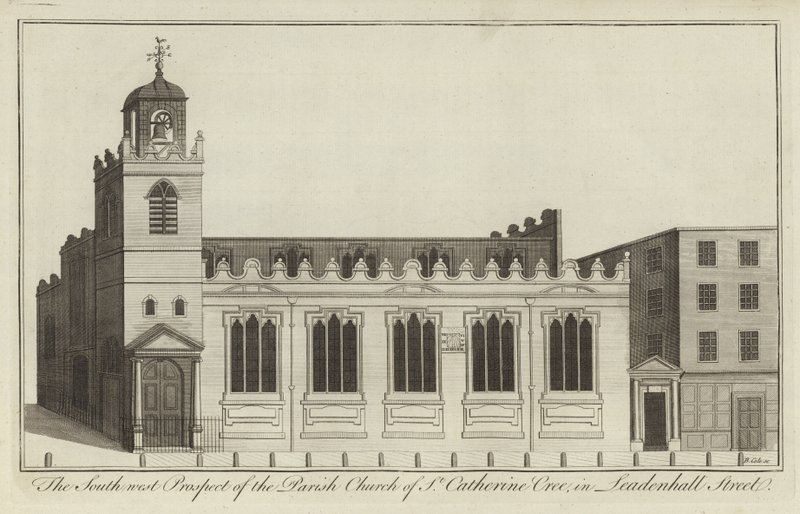 South West Prospect av Parish Church of St Catherine Cree i Leadenhall Street, London av English School