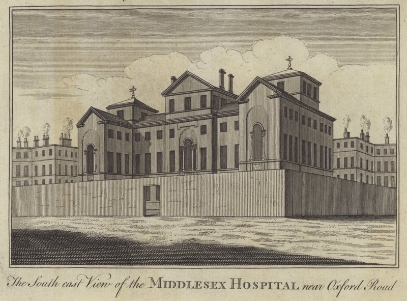 Den sydöstra utsikten över Middlesex Hospital nära Oxford Road, London (gravyr) av English School