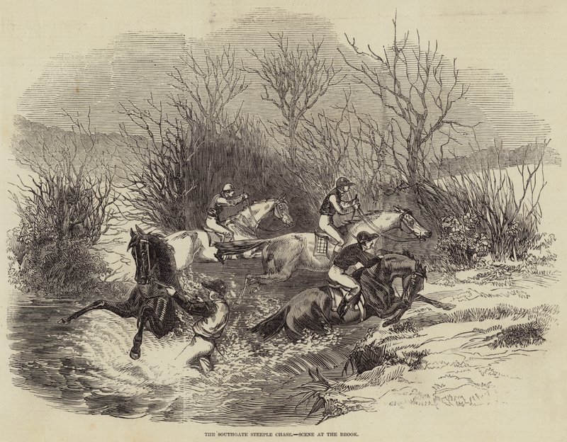 The Southgate Steeple Chase, scen vid bäcken (gravyr) av English School