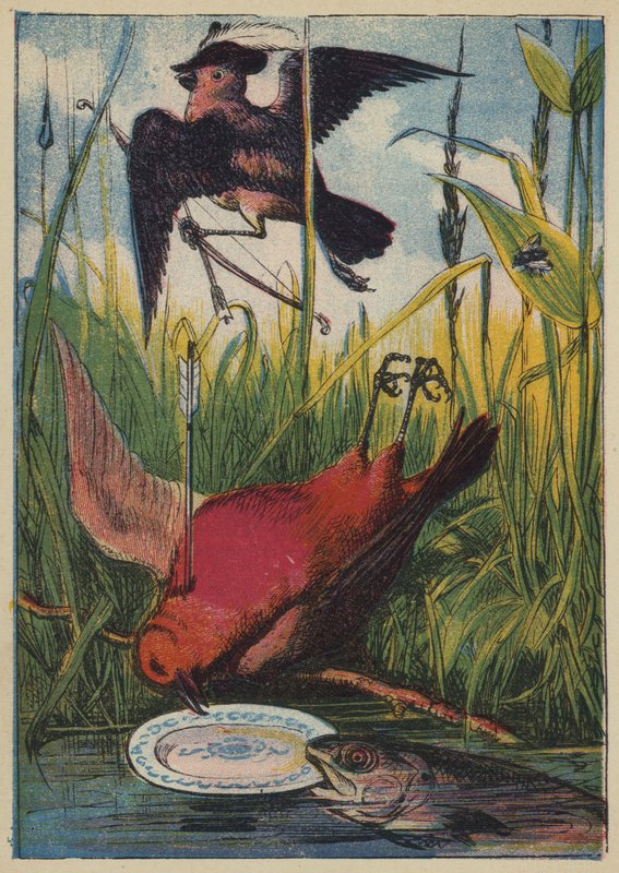 Sparrow, Cock Robin och fisken (färg litho) av English School