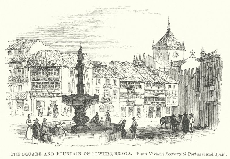 Torget och tornfontänen, Braga (gravyr) av English School