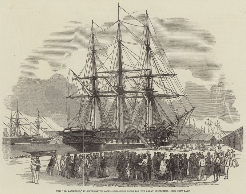 "St Lawrence," i Southampton Dock, lossar varor för den stora utställningen (gravyr) av English School