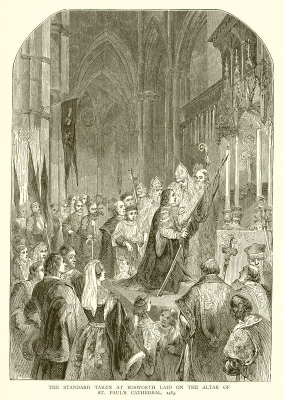 Standarden tagen vid Bosworth Laid on the Altar of St. Pauls Cathedral, 1485 av English School