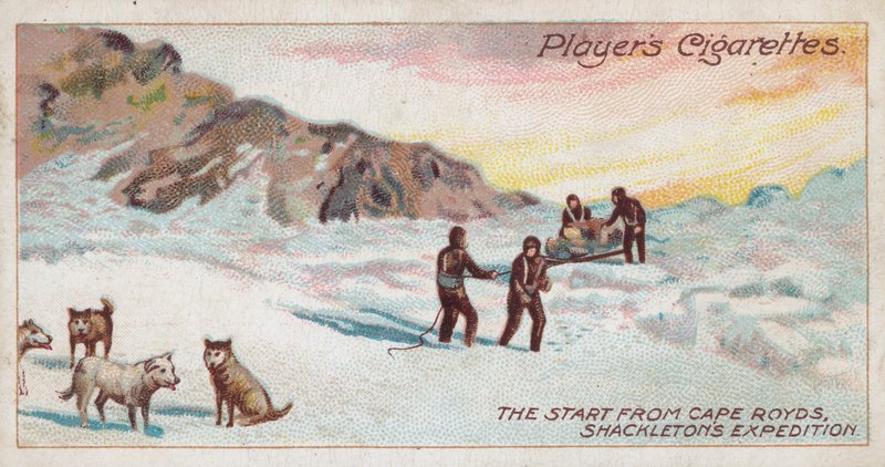Starten från Cape Royds, Shackletons expedition (chromolitho) av English School