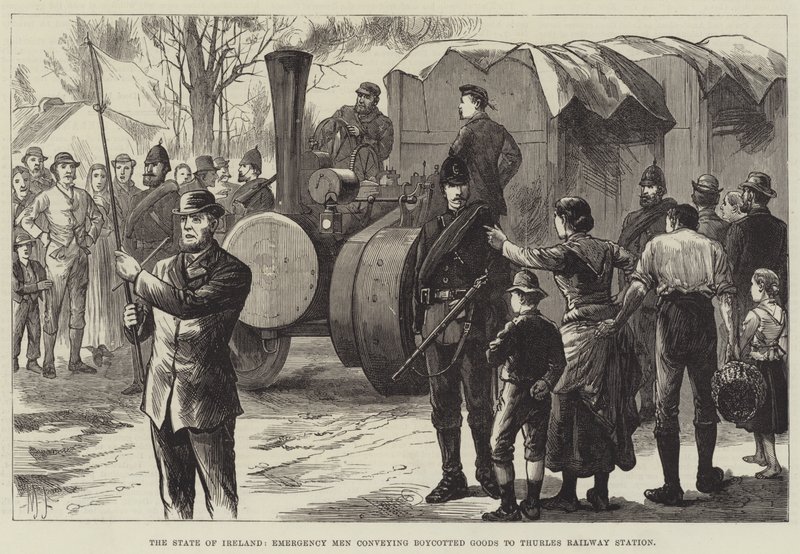 Staten i Irland, räddningsmän som transporterar bojkottade varor till Thurles järnvägsstation (gravyr) av English School