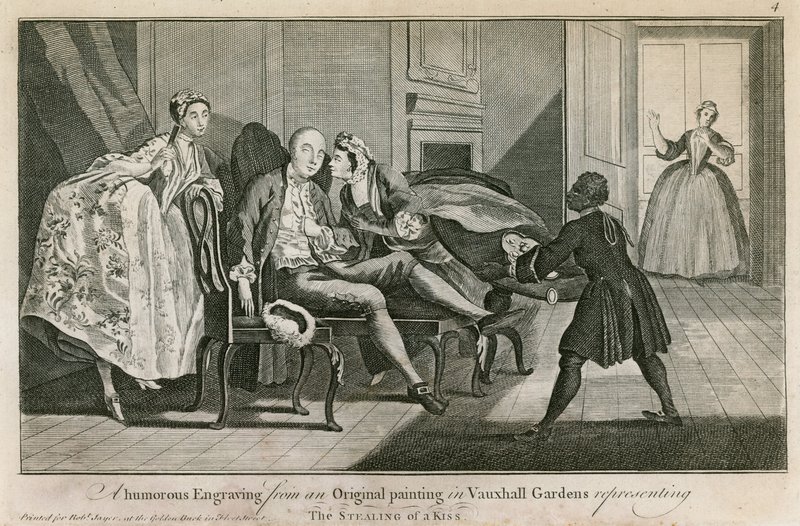 The Stealing of a Kiss: En humoristisk gravyr från en originalmålning i Vauxhall Gardens, London av English School