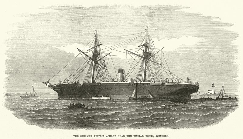 Steamer Tripoli Ashore nära Tuskar Rocks, Wexford (gravyr) av English School