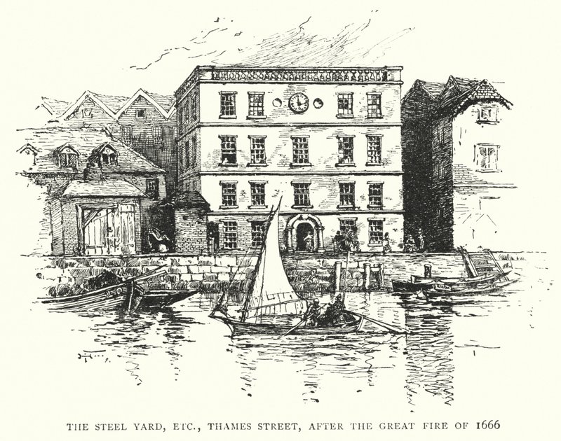 Steel Yard, etc., Thames Street, efter den stora branden 1666 (gravyr) av English School