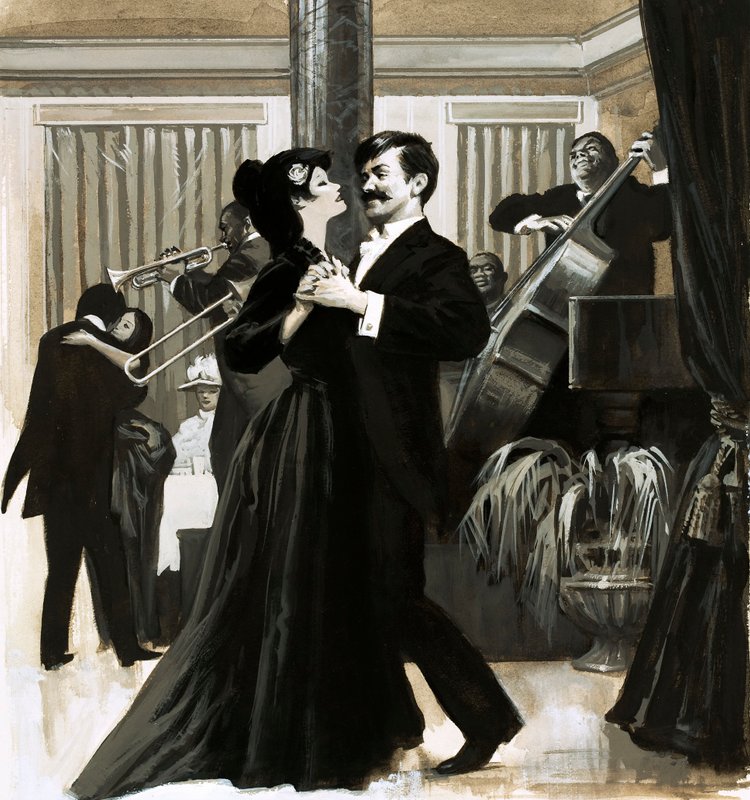 The Story of Jazz: dansa "cakewalk" (gouache på papper) av English School