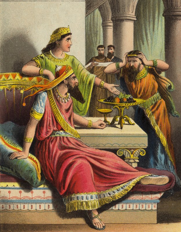 Berättelsen om drottning Esther: Ester anklagar Haman (färg litho) av English School