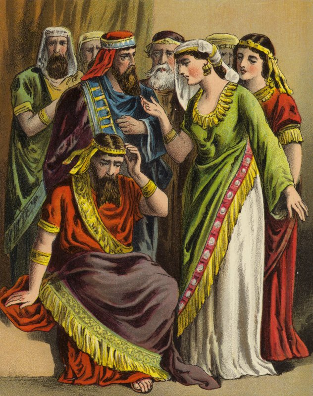 Berättelsen om drottning Esther: Haman lägger sitt klagomål inför sin fru Zeresh och alla hans vänner (färg litho) av English School