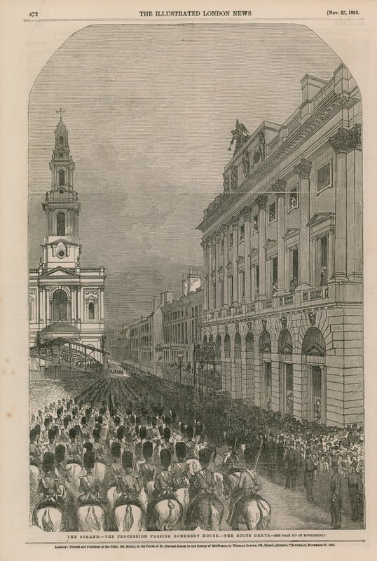 The Strand - processionen som passerar Somerset House - Scots Grays av English School